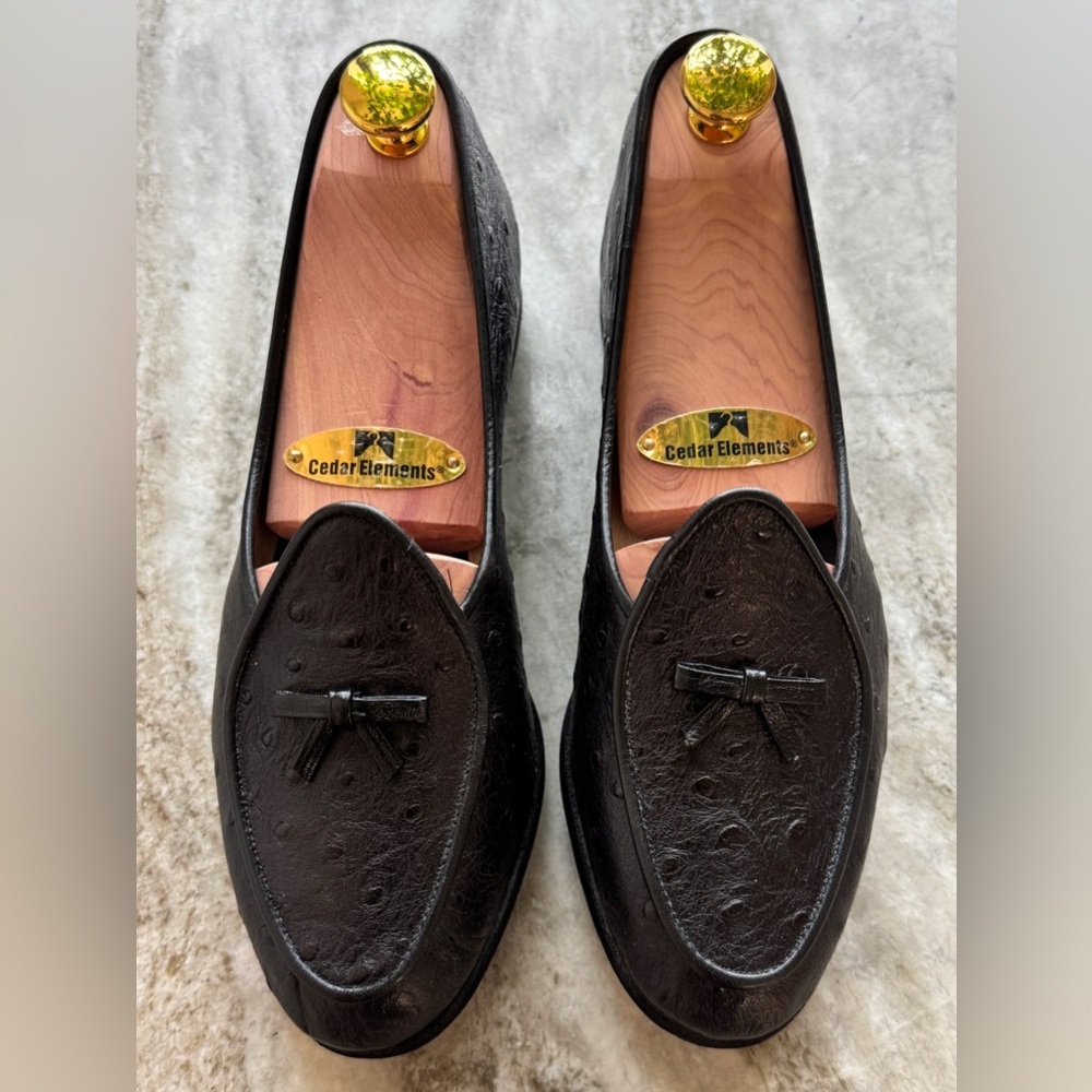 Belgian Shoes Travelette Slippers Black Ostrich Print Leather Loafers 5 Flats